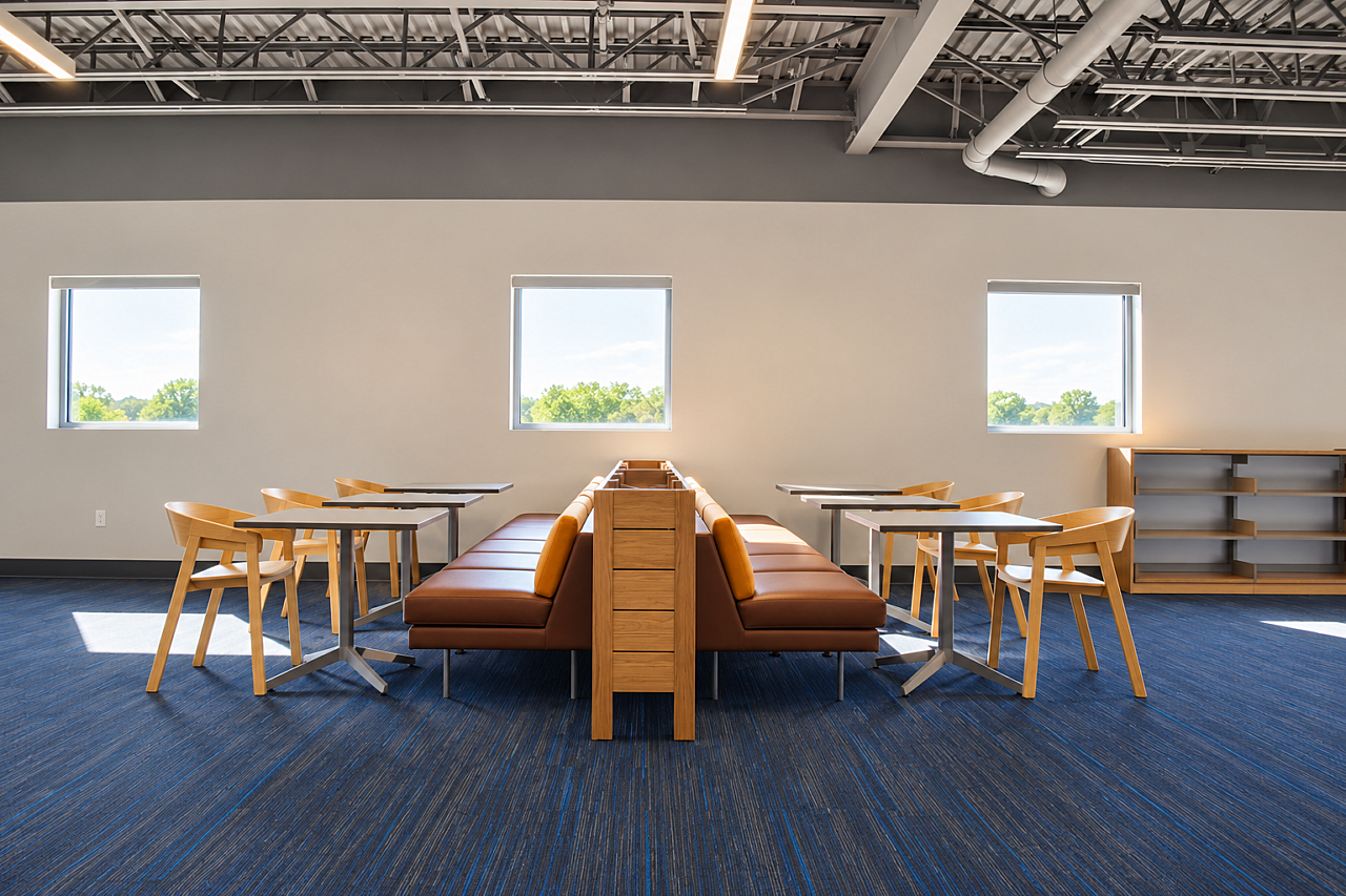 Library seating area with brown upholstered benches, wood chairs, tables, and blue carpeting.