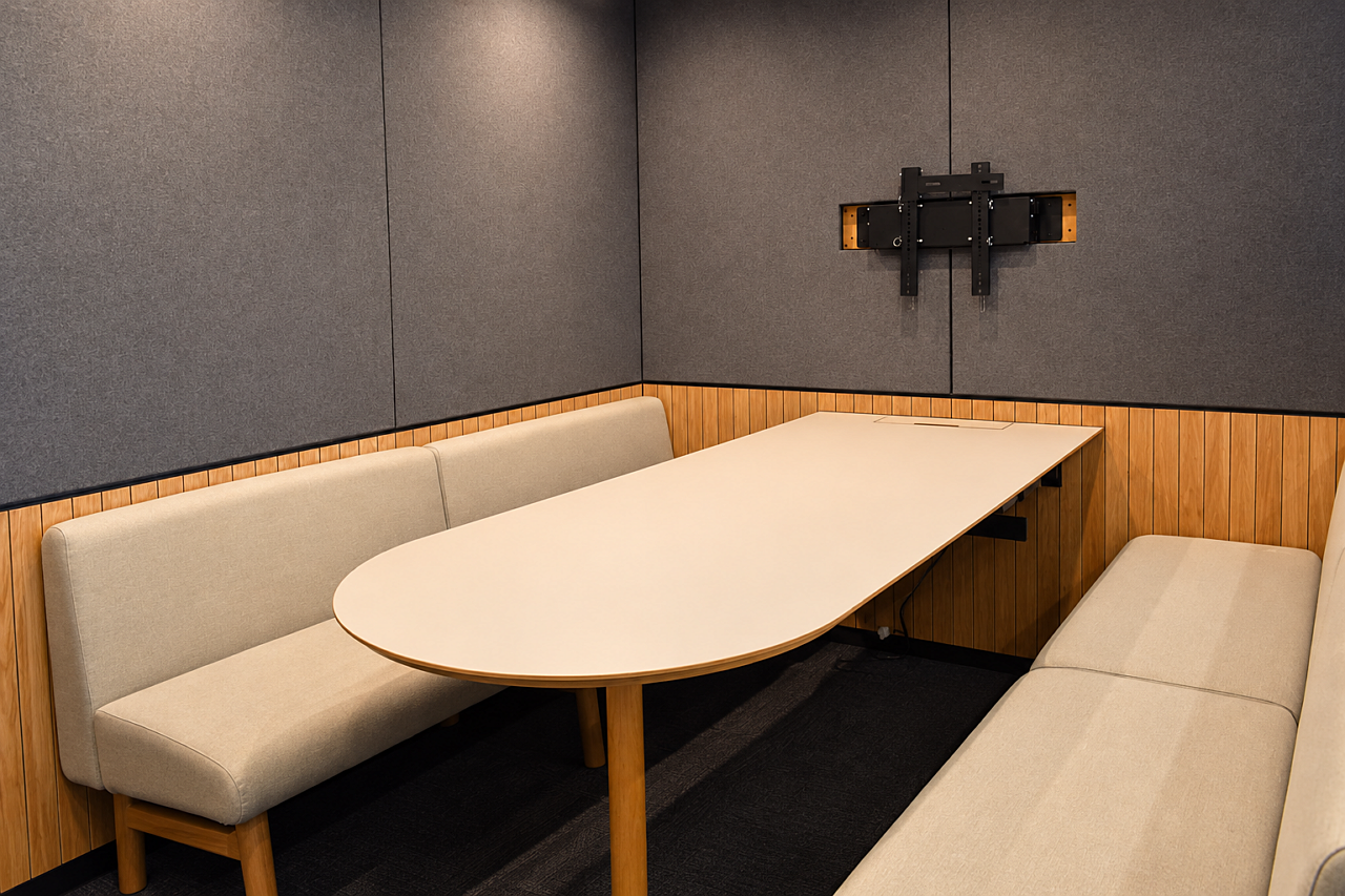 Private library study pod with cream upholstered benches, a large table, and wood-paneled walls.