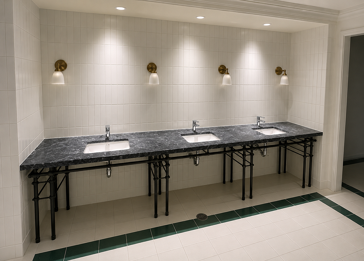 Restroom vanity area featuring three integrated sinks with open knee clearance, a dark stone countertop, and white vertical wall tile.