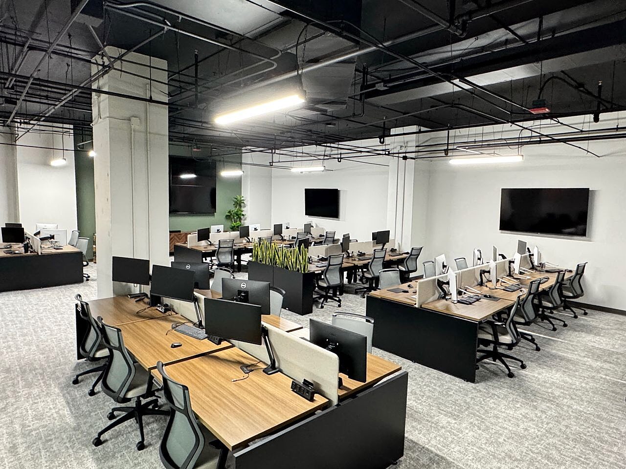 Open office workspace with benching workstations, ergonomic seating, planter dividers and exposed ceilings.