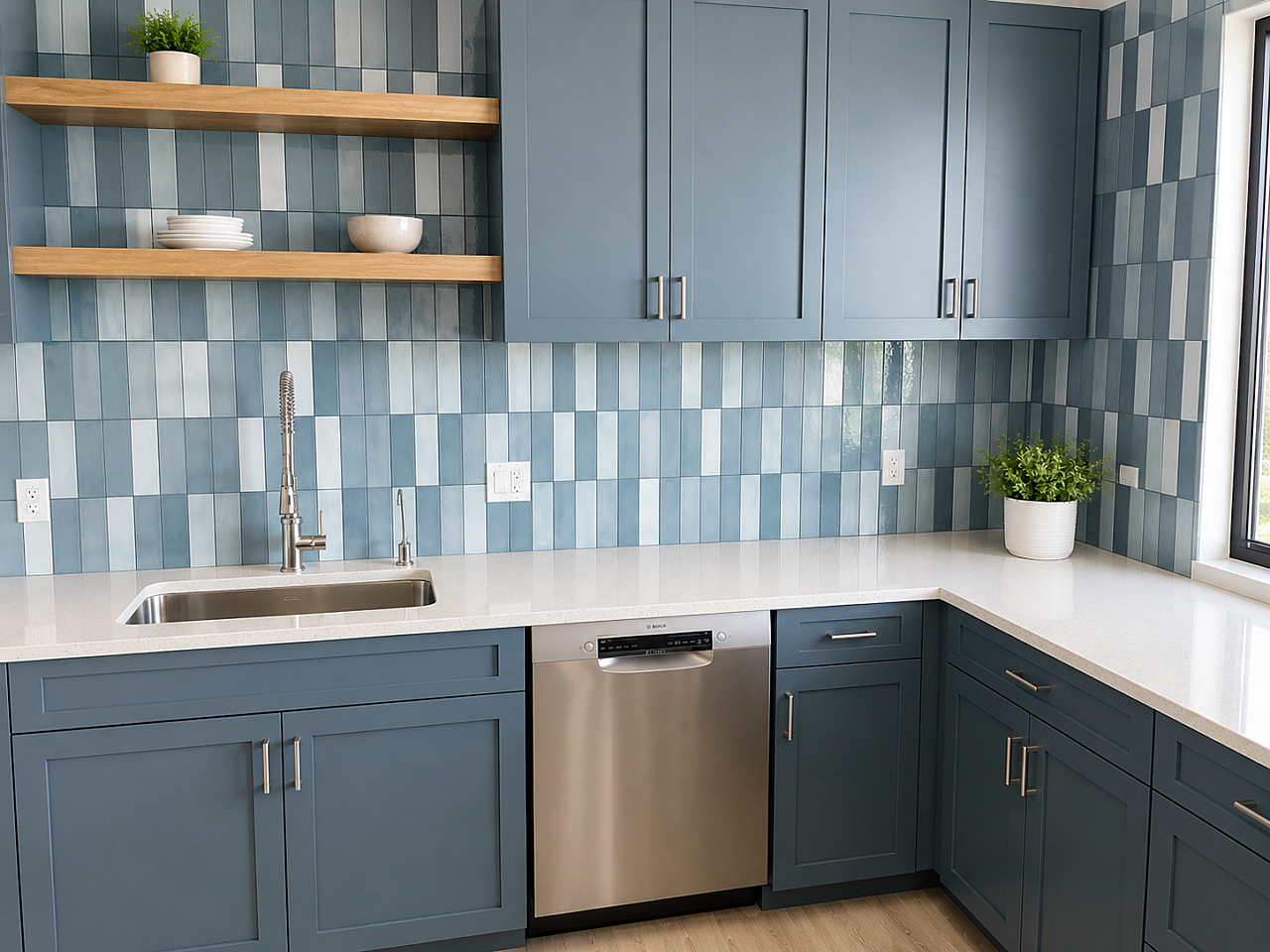 Blue kitchen cabinetry with white countertops, open shelving, and stainless-steel appliances.
