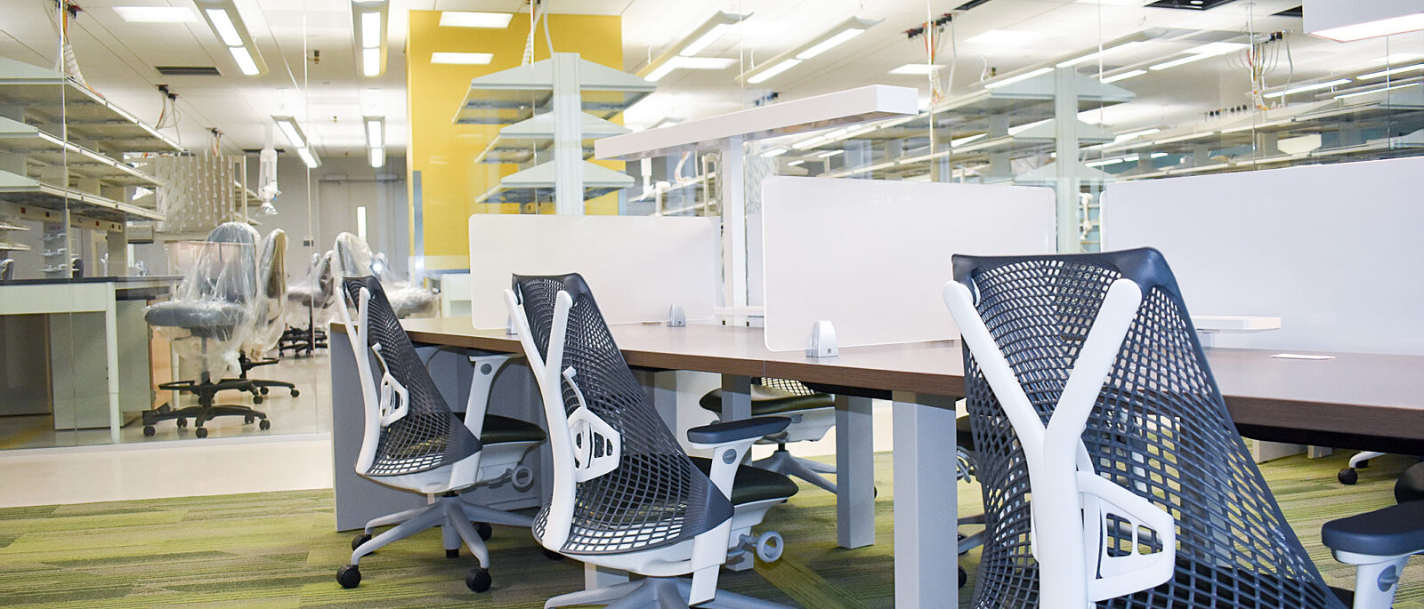 Modern open office workspace with benching desks, ergonomic task chairs, and glass lab area beyond.