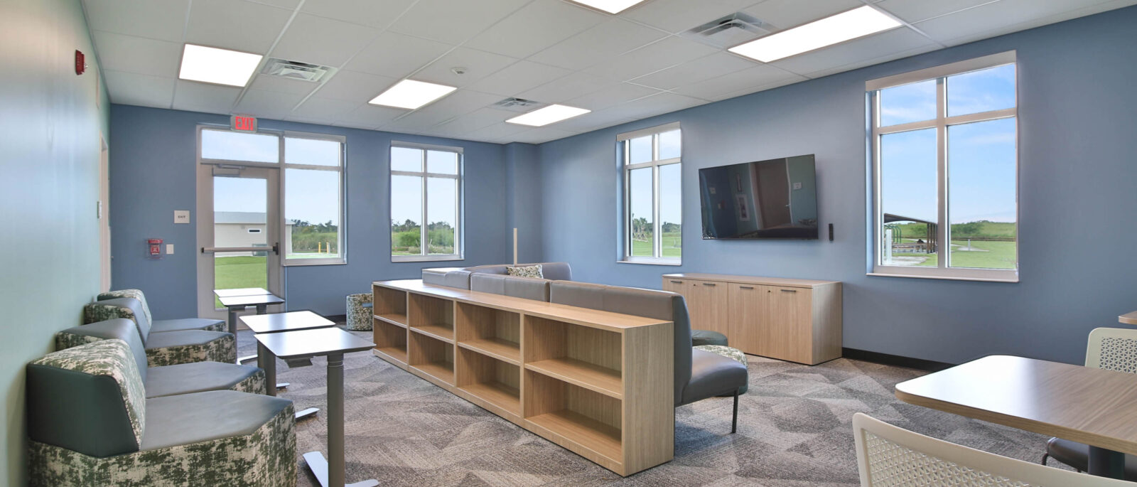 Modern lounge with blue walls, patterned seating, gray sofas, light wood shelving, and collaborative tables.