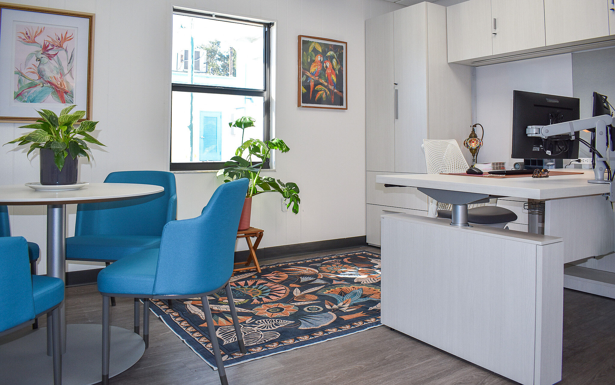 Colorful office with blue chairs, round table, desk, plants, artwork, and patterned rug.
