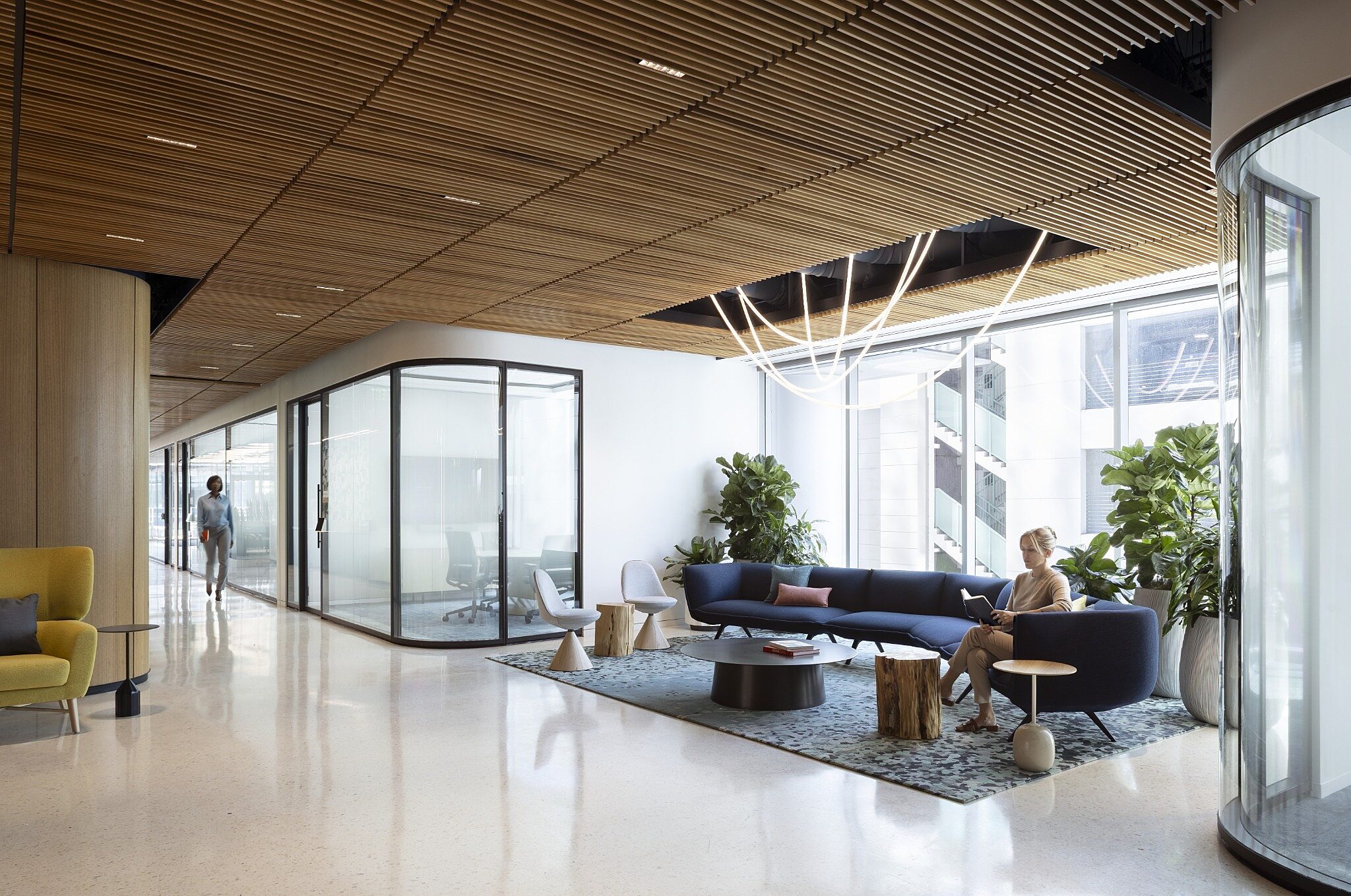 Modern office lounge with curved sofa, side tables, and plants beneath a wood slat ceiling and adjacent glass meeting rooms.