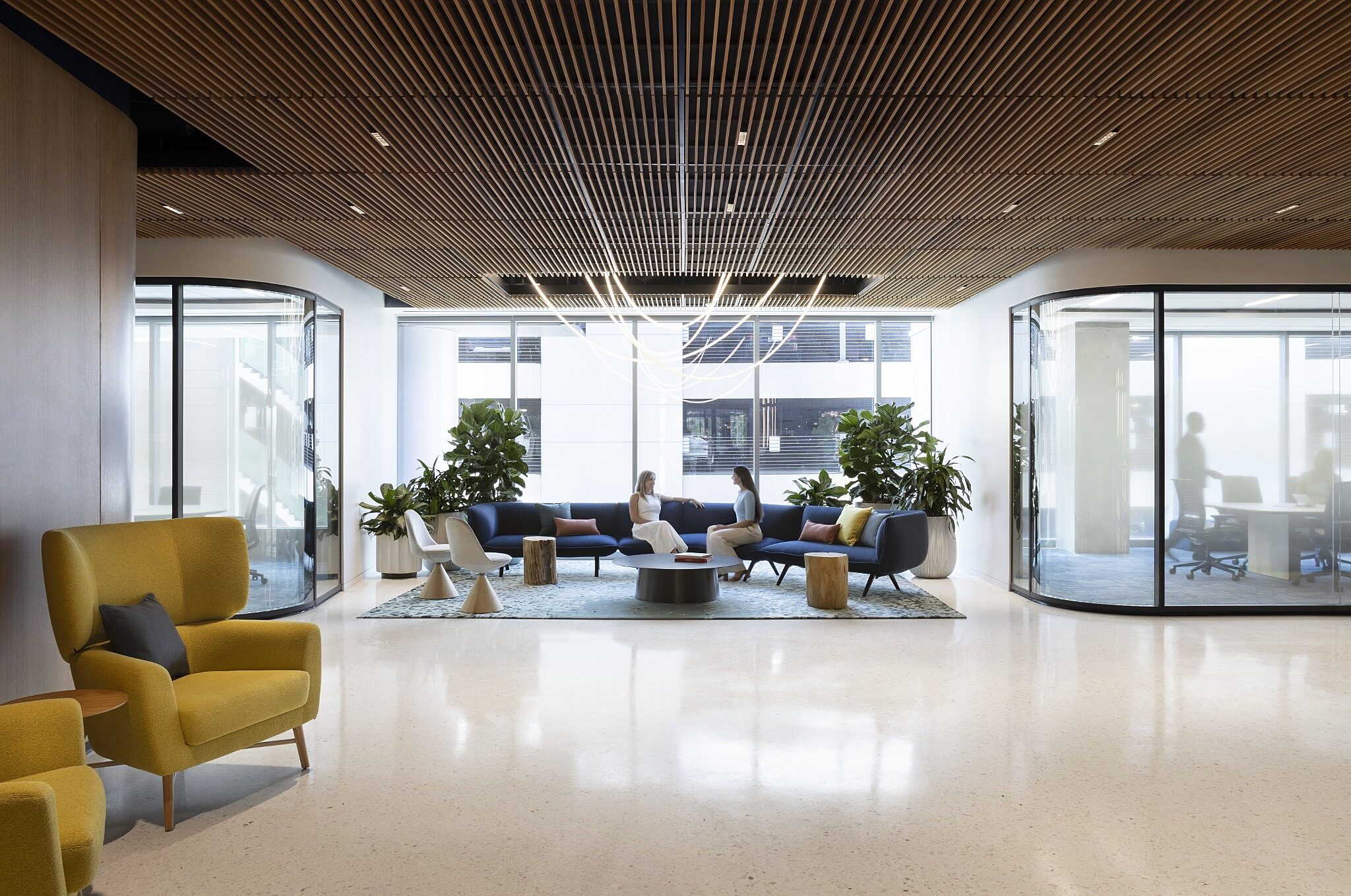 Modern lounge area with sofas, lounge chairs, and plants, centered beneath a wood slat ceiling and surrounded by glass meeting rooms.