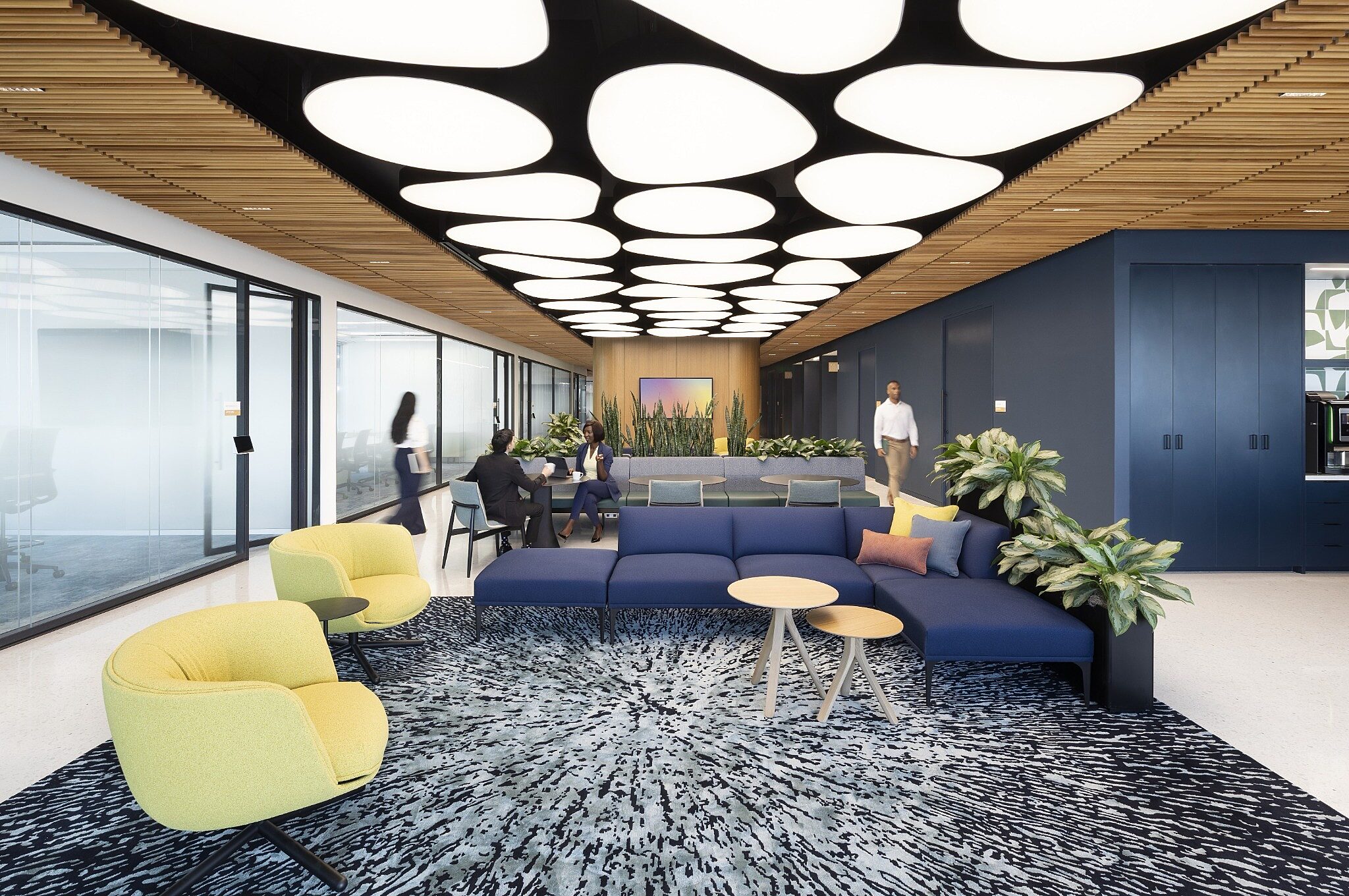 Modern office lounge with sectional seating, side tables, plants, and a patterned rug beneath a statement ceiling, adjacent to glass offices.