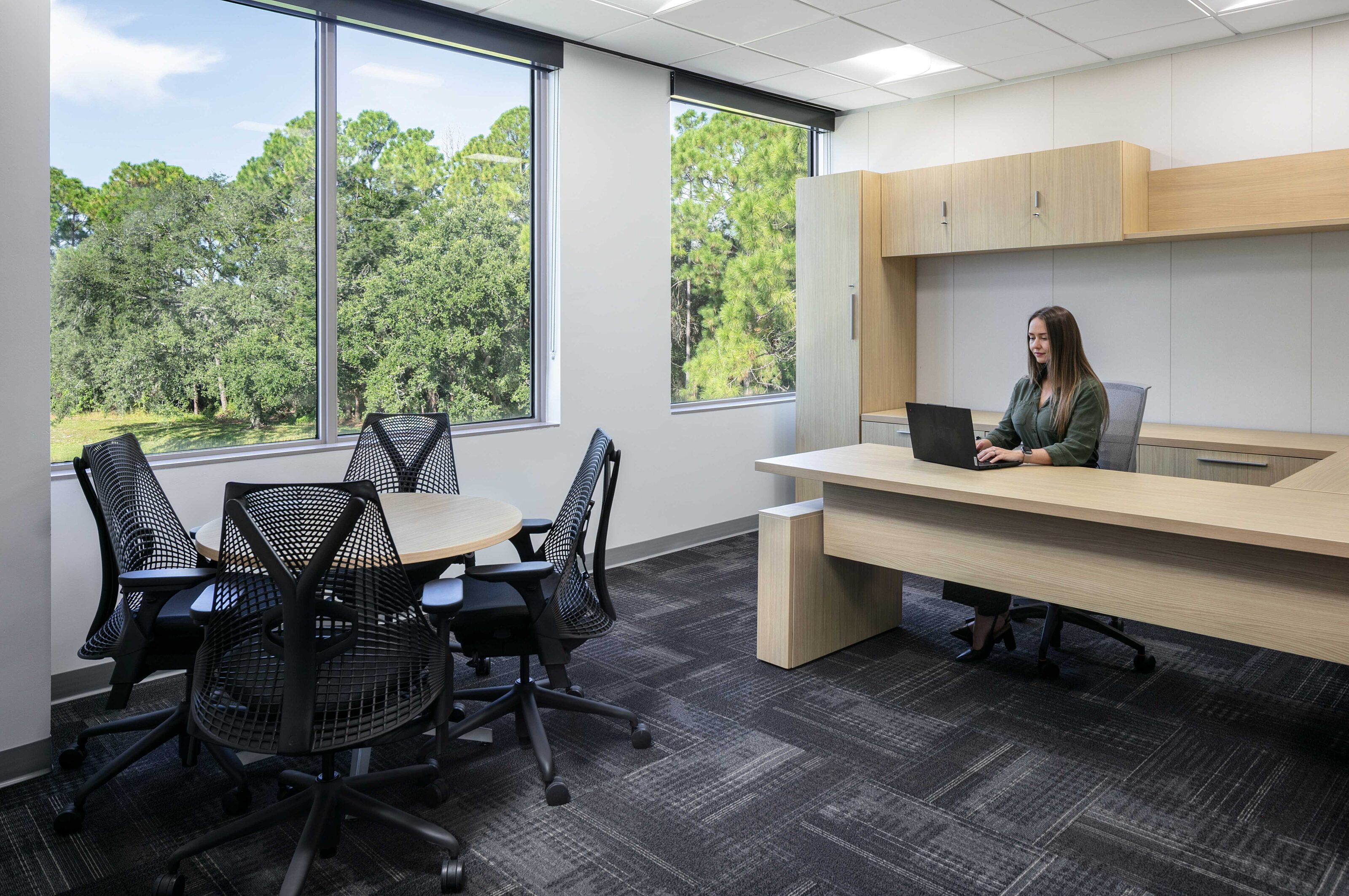 Private office with executive desk, meeting table, ergonomic seating, built-in storage and large windows.
