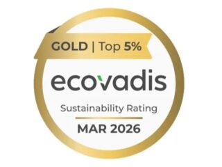 EcoVadis Gold sustainability rating badge indicating top 5% performance, dated March 2026.