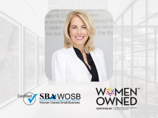 Professional headshot of a smiling woman with text and logos indicating SBA Woman-Owned Small Business and Women-Owned certification.
