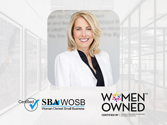 Professional headshot of a smiling woman with text and logos indicating SBA Woman-Owned Small Business and Women-Owned certification.