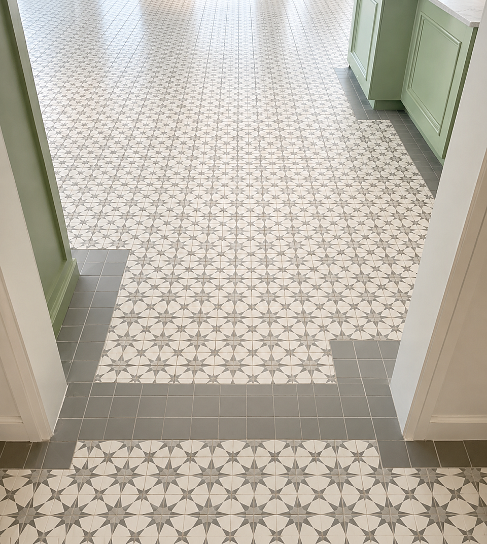 Transition area featuring patterned porcelain tile flooring with contrasting border tile accents.