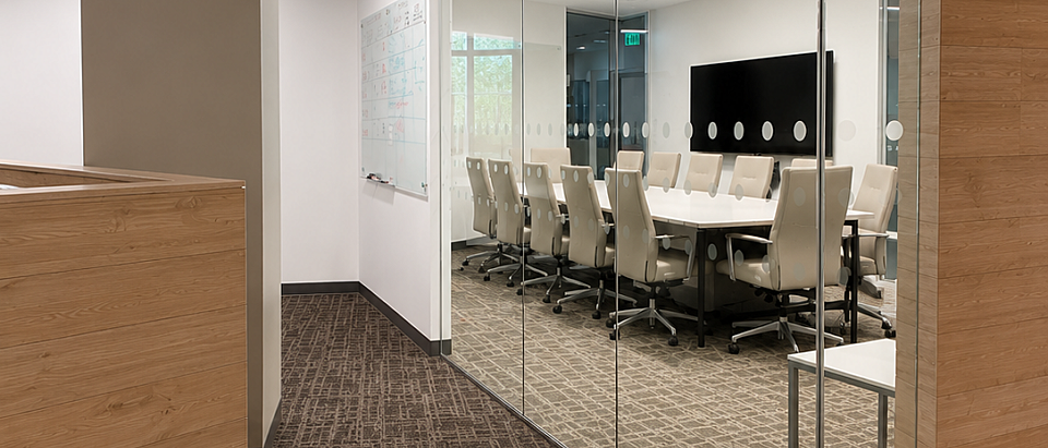 Glass-enclosed conference room featuring a meeting table with task chairs, a wall-mounted display, adjacent whiteboard, and wood-accented finishes.